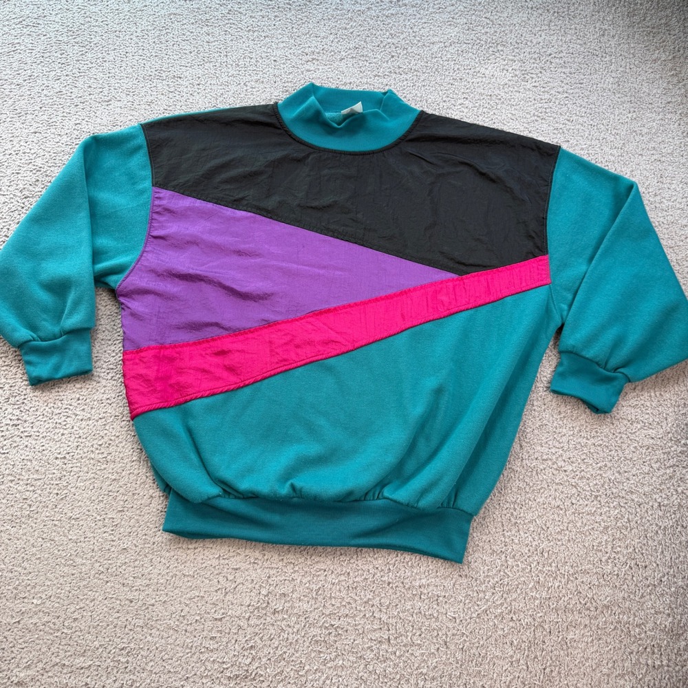 Vintage Chicory Sport 90s Colorblock Mock Neck Sweatshirt Teal Purple Pink